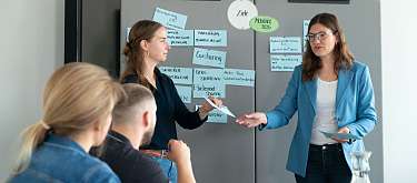 Bürosituation. Menschen stehen am Flipchart